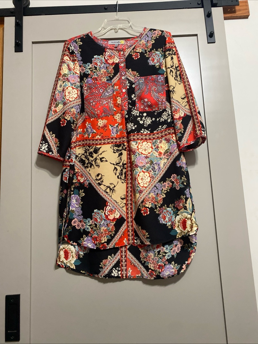 Boho Patchwork Floral Midi Dress - Black & Red